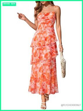 Spaghetti Strap Mesh Tiered Ruffle Maxi Dress Boho Beach Casual Long Dress